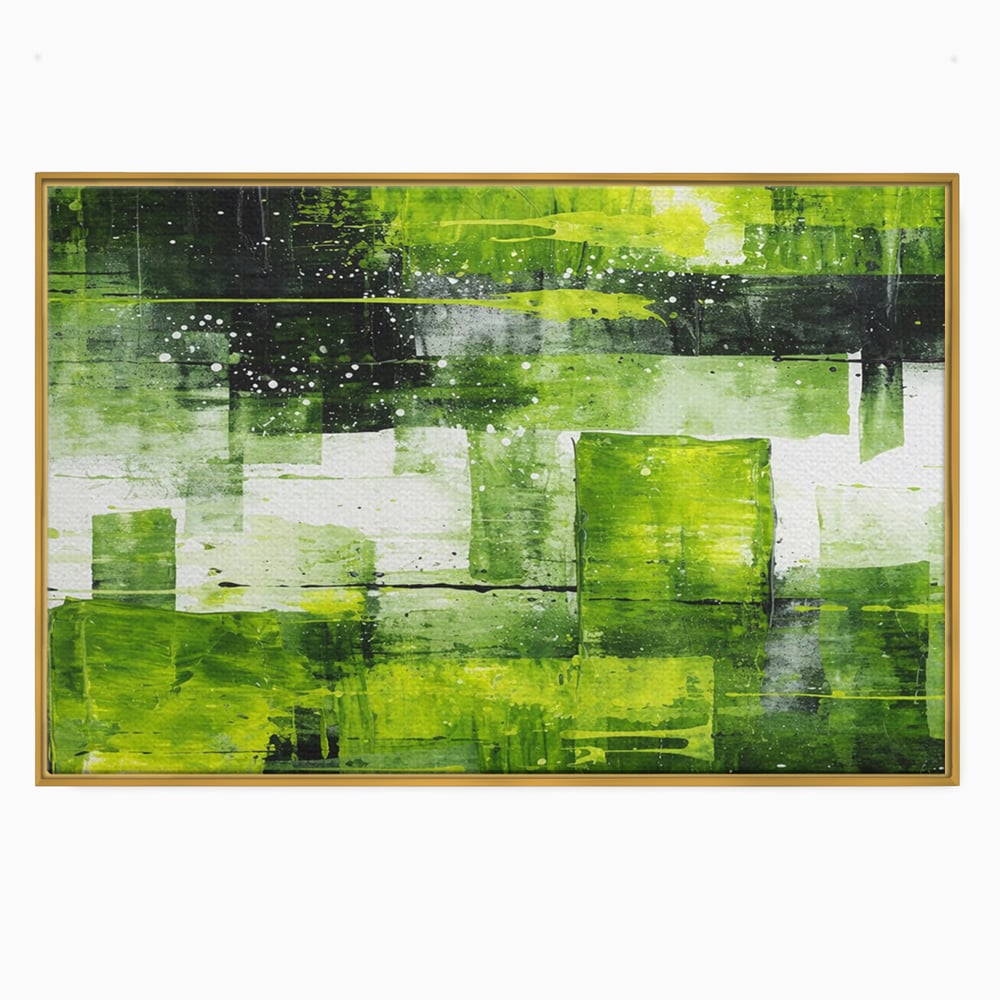 Tablou canvas cu pictura abstracta cu straturi verzi, in rama de aluminiu auriu
